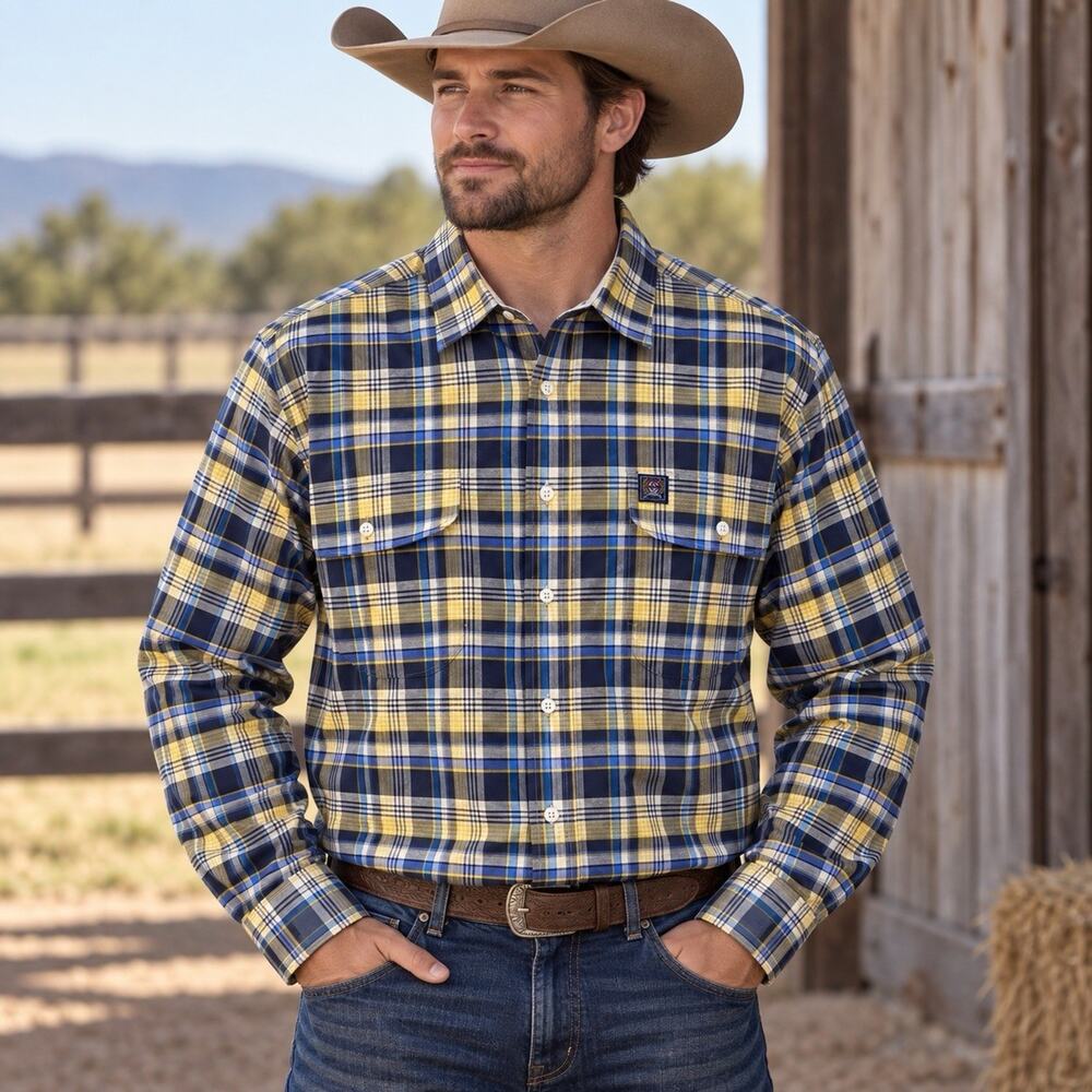 Cinch Men’s Large Plaid Button Down Shirt Western Cowboy Ranchwear 100% Cotton